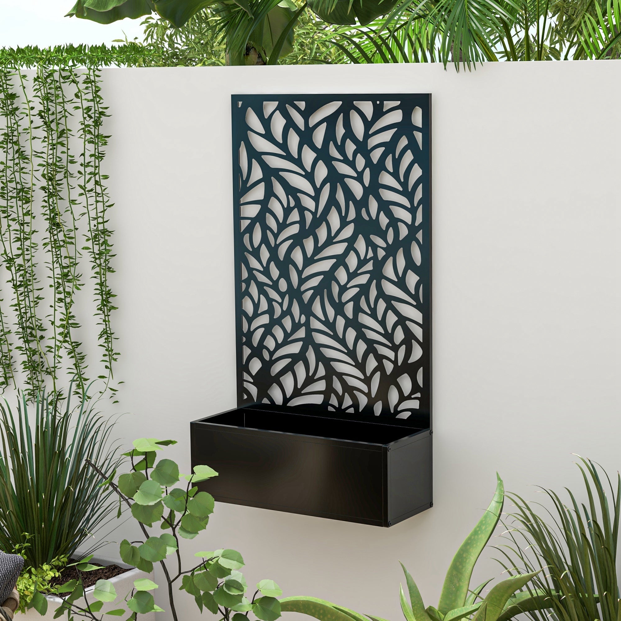 Outsunny Metal Privacy Screen with Garden Bed Freestanding or Wall-Mounted Planter Box for Outdoor Spaces 