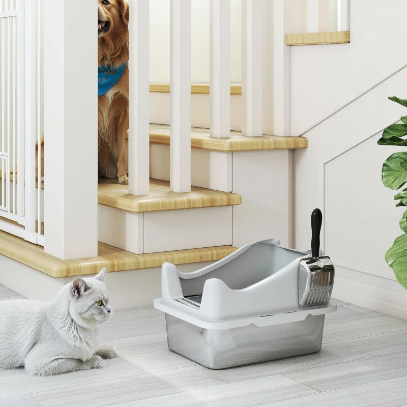 Cat Litter Box Stainless Steel with Metal Litter Scoop, Never Absorbs Odors, Anti Leakage, 17" x 13" x 10", Grey