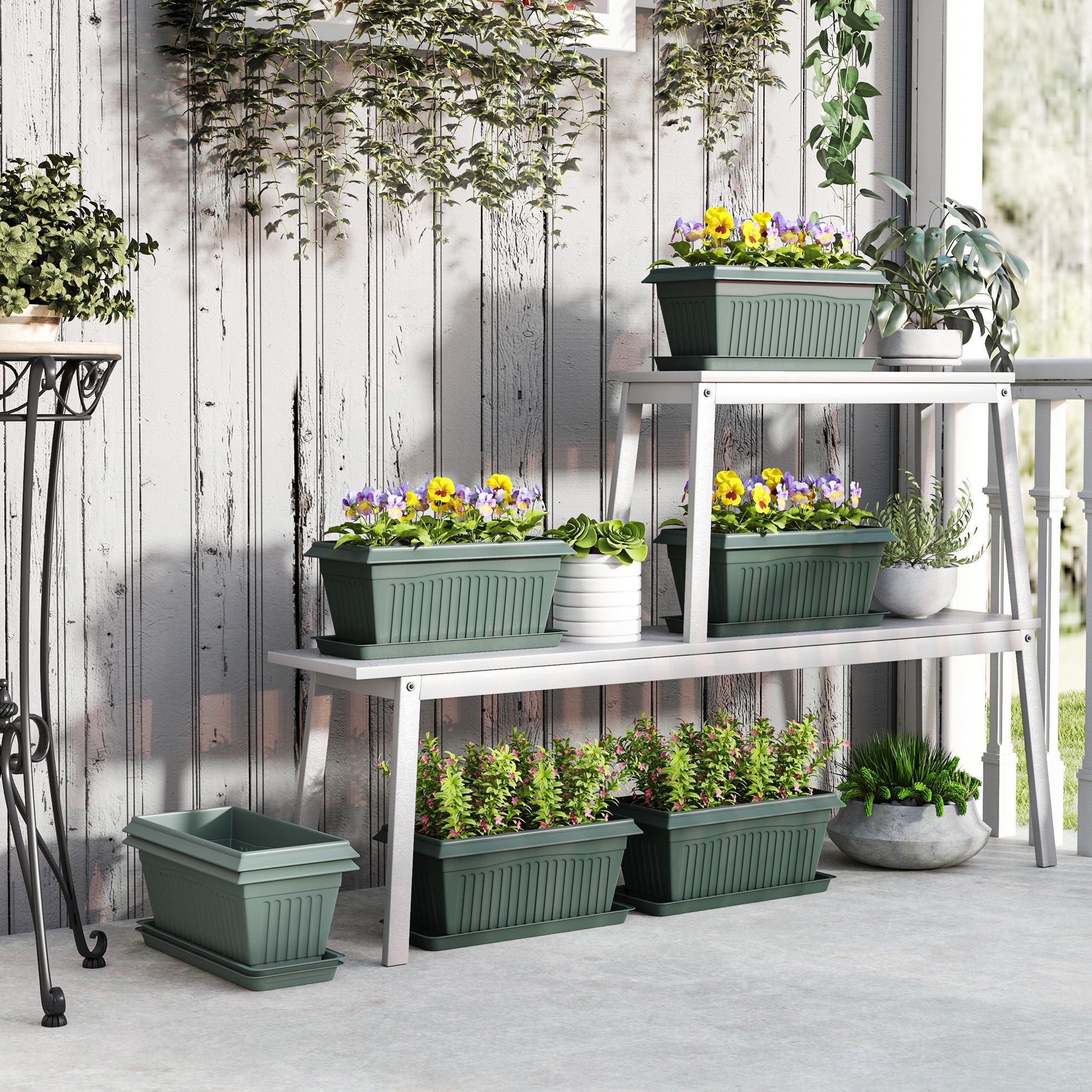 Outsunny 7 Pack 15.7" Plastic Flower Planters with Drainage Holes and Trays, Plant Pots for Indoor Outdoor Plants, Green 