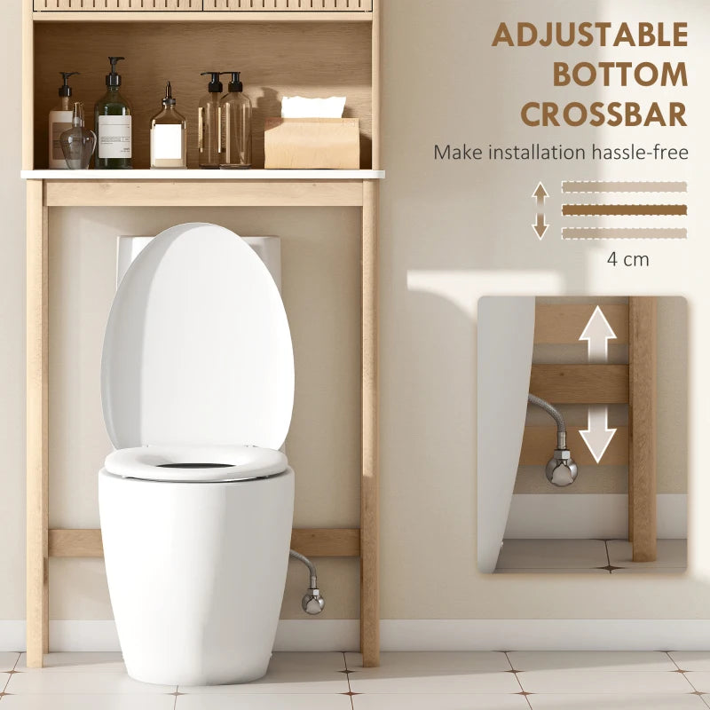 Over The Toilet Storage Cabinet with Adjustable Shelf, Open Shelf and Adjustable Bottom Bar, Oak