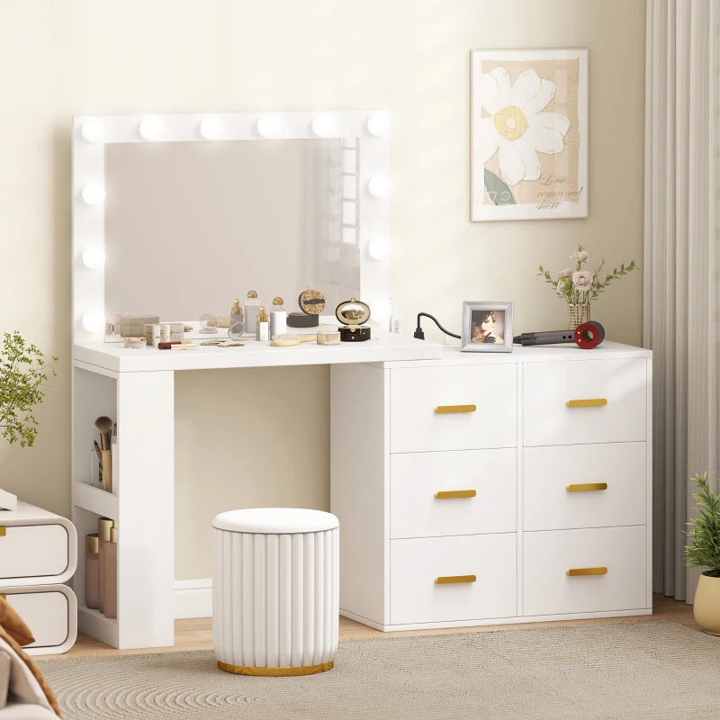Vanity Desk with Mirror and 12 LED Lights, Makeup Table w/ Power Outlet, 3 Light Colour, 6 Drawers and 2 Shelves, White