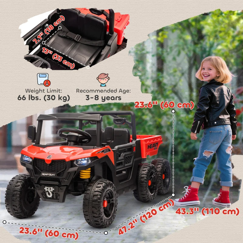 Qaba 24V 4WD Kids Ride On Truck with 6 Wheels Electric Ride On Car with Remote, Dump Bed for 3-8 Years, Red