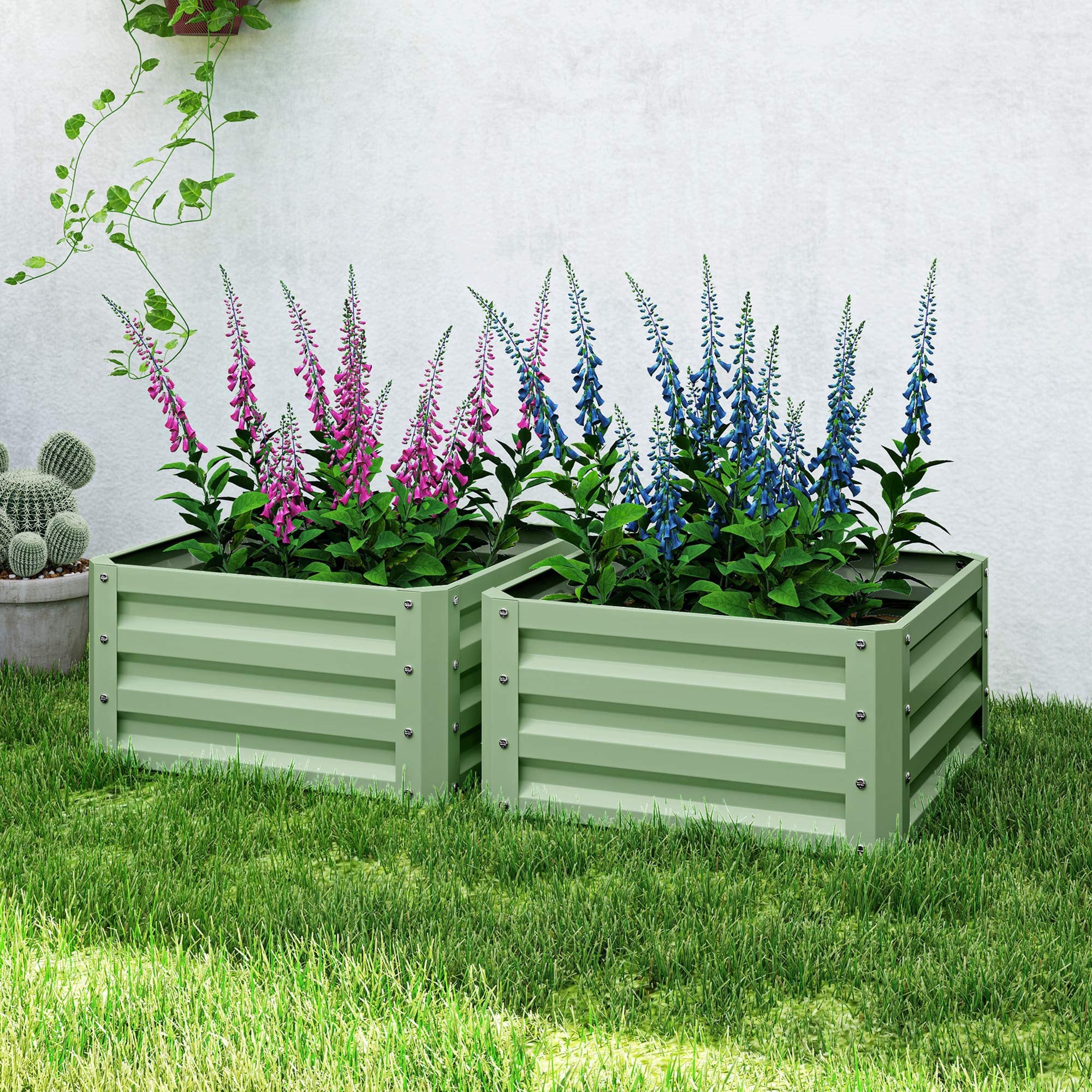 Outsunny 2' x 2' x 1' 2-Pieces Raised Garden Bed with Galvanised Steel Frame for Vegetables, Flowers, Herbs, Light Green 