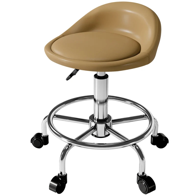 PU Leather Rolling Stool, Height Adjustable Swivel Salon Chair with Backrest and Foot Rest for Spa, Tattoo, Light Brown
