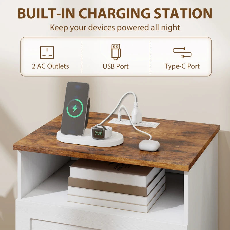 HOMCOM Nightstand Set of 2 with Charging Station, Bedside Tables with 2 Drawers, Open Shelf, AC Outlets, USB & USB-C Ports, White & Oak