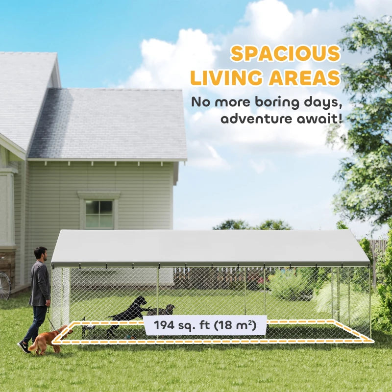 Galvanized Steel Outdoor Dog Kennel with Roof, Safety Locks, for Backyard, 19.7' x 9.8' x 7.1'