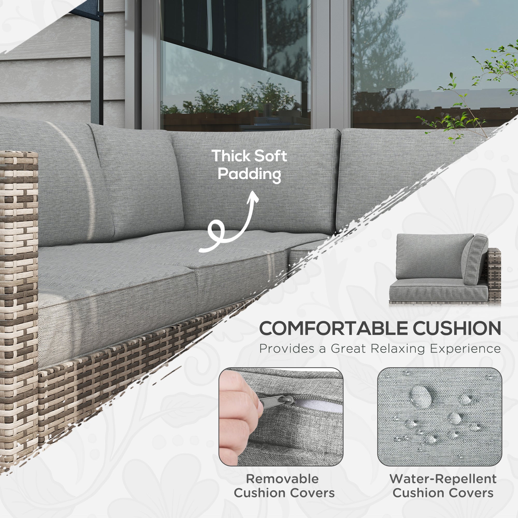 Outsunny 4pc Outdoor Rattan Wicker Conversation Set Corner Sofa Coffee Table with Cushions Mixed Grey 