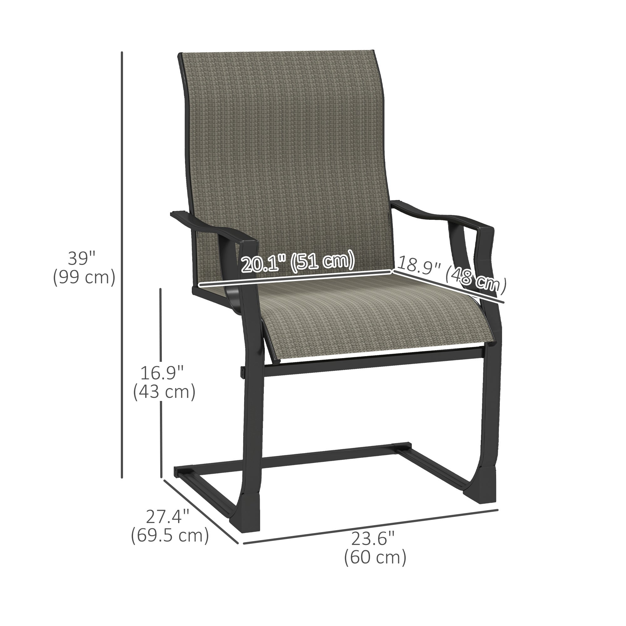 Outsunny C Spring Motion Patio Chairs Set of 2 with Curved High Backrest, Armrest, All Weather Breathable Fabric, Metal Frame 