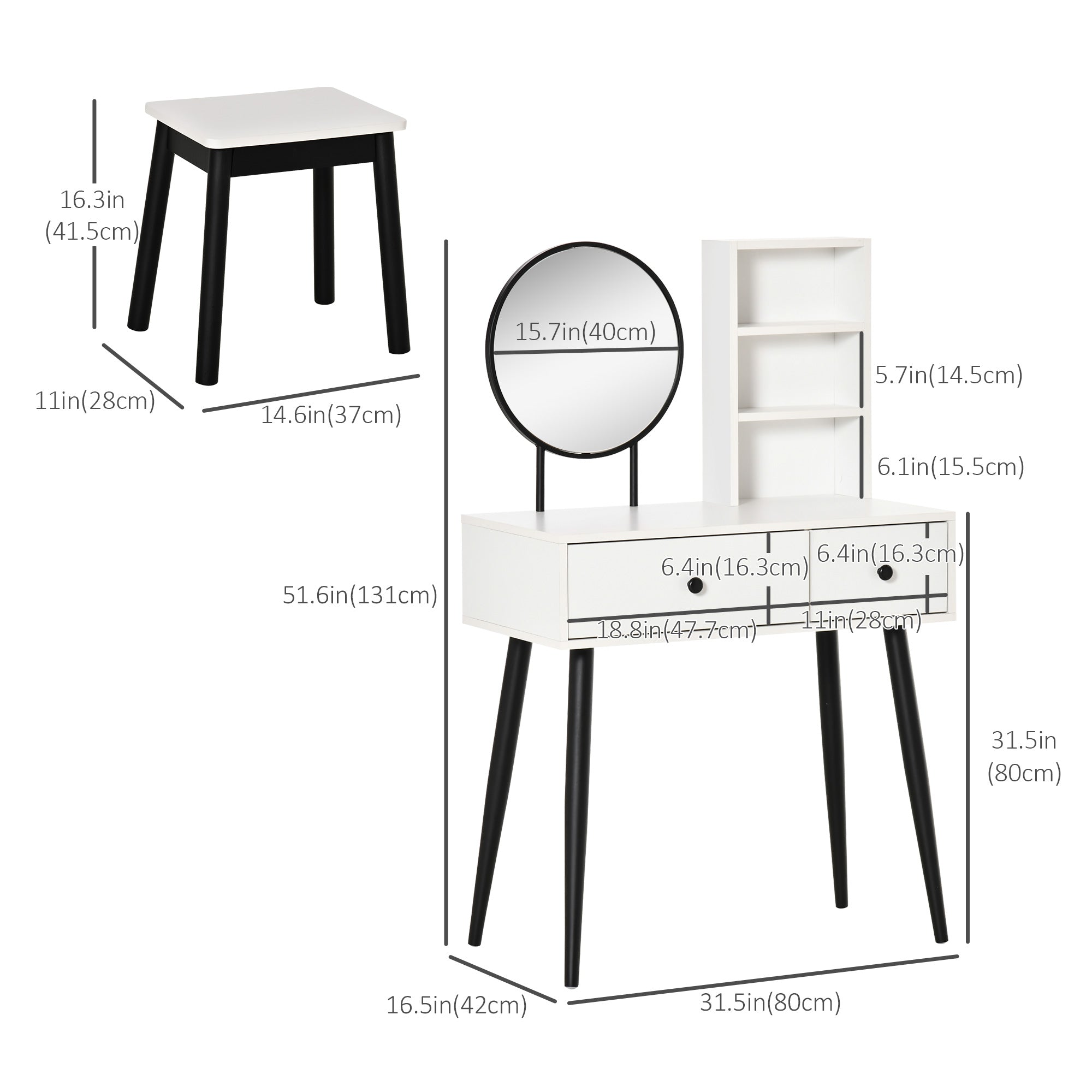 HOMCOM Stylish Vanity Set Makeup Dressing Table with Stool Wood Desk Mirror Storage Drawers Shelf White Black for Bedroom 