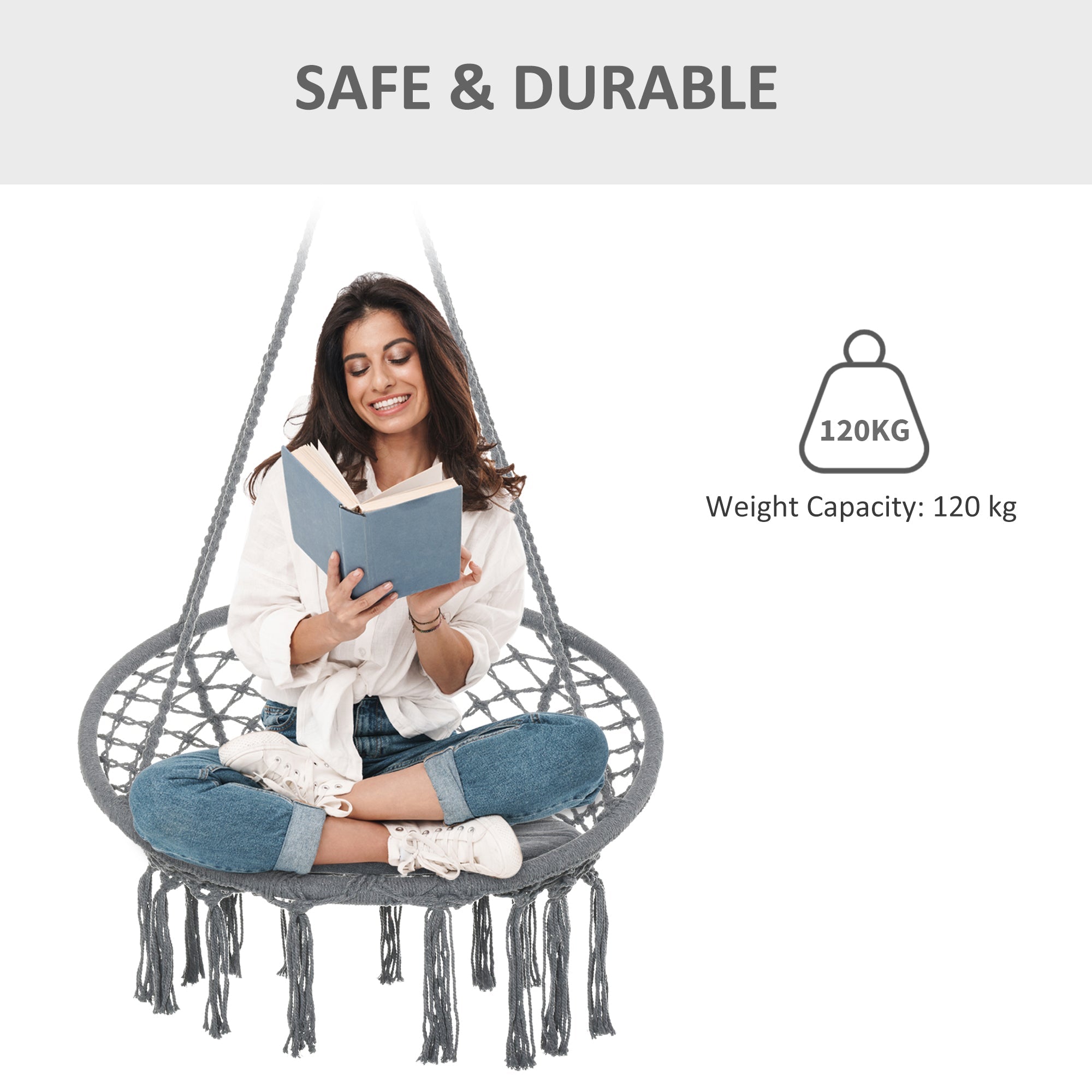 Outsunny Patio Hammock Chair, Hanging Rope Hammock Swing for Indoor & Outdoor Use with Backrest, Cotton-Polyester Blend, Fringe Tassels, Dark Grey 