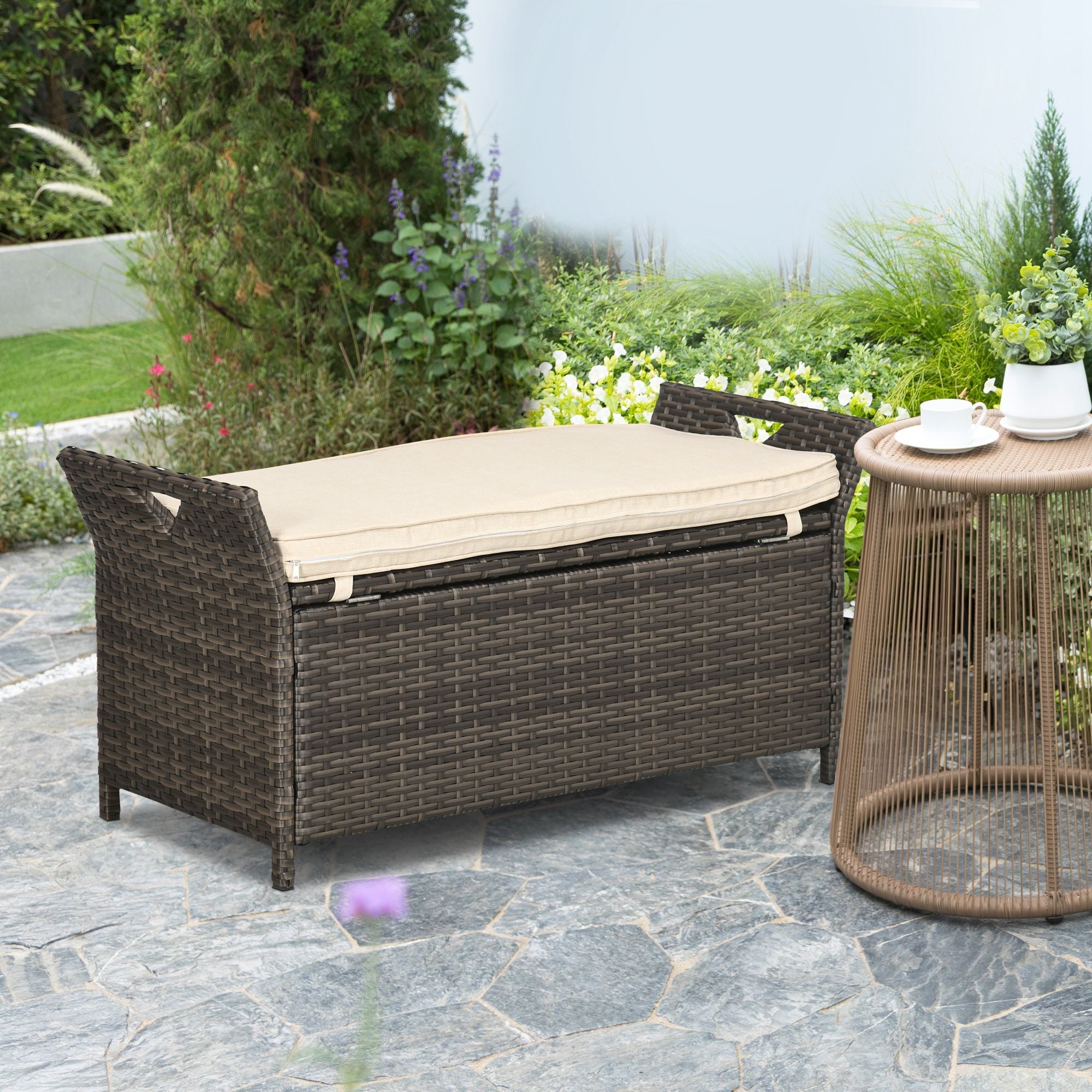 Outsunny 2-In-1 Outdoor PE Rattan Storage Bench, 27 Gallon Patio Wicker Furniture, Basket Box with Handles and Cushion Cream 
