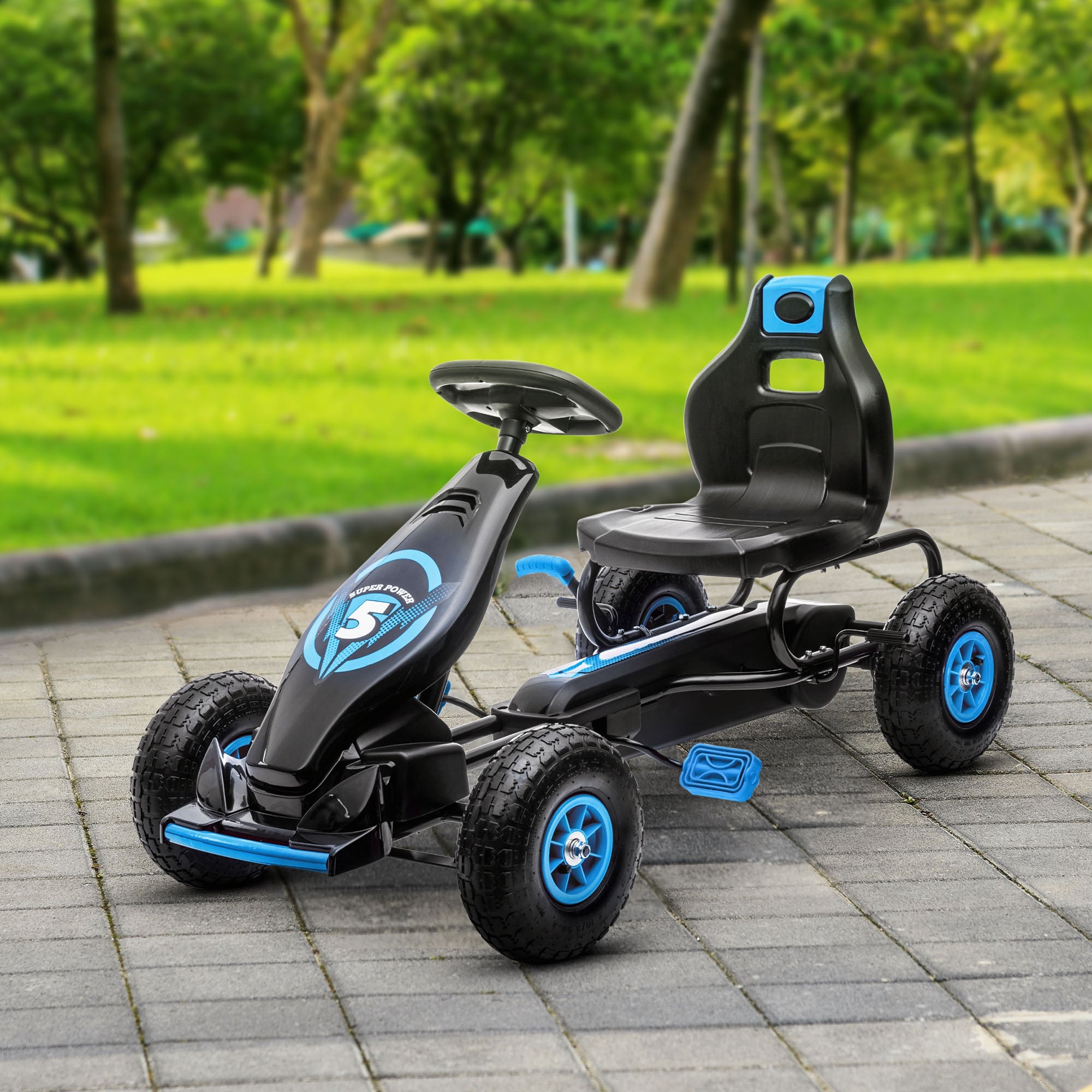 Aosom Kids Pedal Go Kart Ergonomic Adjustable Seat Rubber Wheels Shock Absorb Safety Hand Brake Ages 5-12 Blue 