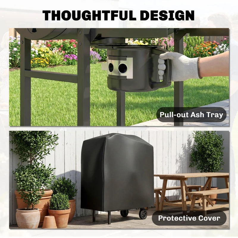 Charcoal BBQ Grill with Foldable Shelves, Barbecue Grill with Warming Rack, Thermometer, Wheels, Natural Wood and Black