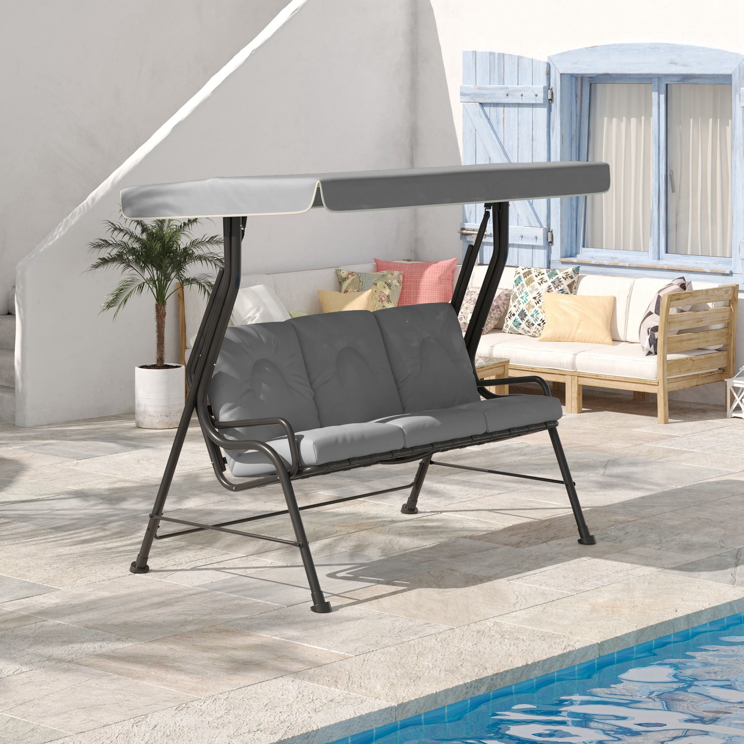 Outsunny 3-Person Patio Swing Chair with Canopy 3 Seater Porch Swing for Garden, Backyard, Poolside, Light Grey 