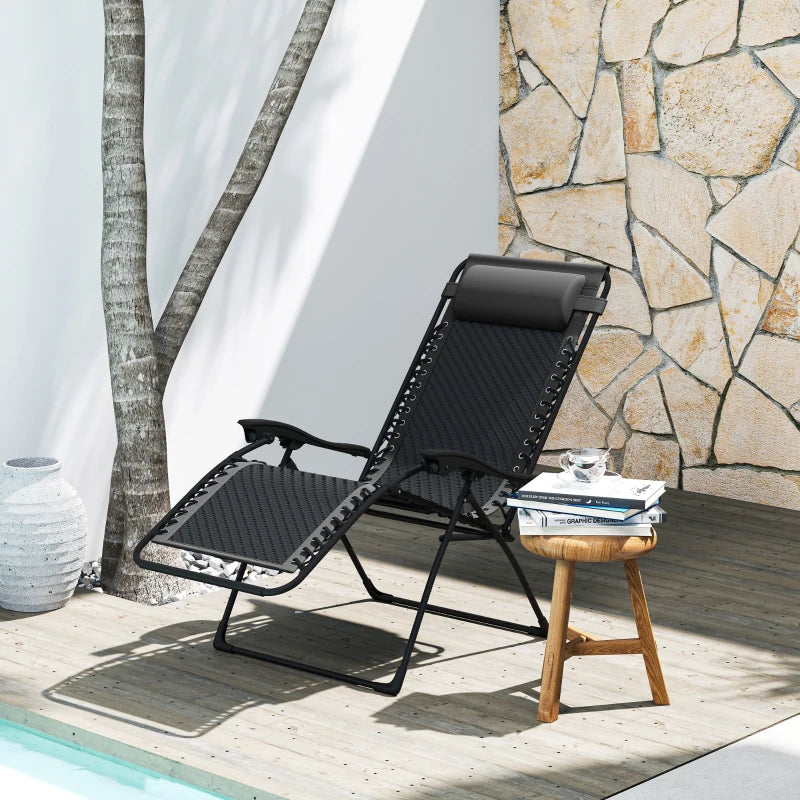 Wicker Folding Lounge Chair with Adjustable Backrest, Rattan Recliner Chair with Headrest & Side Table Tray, Black