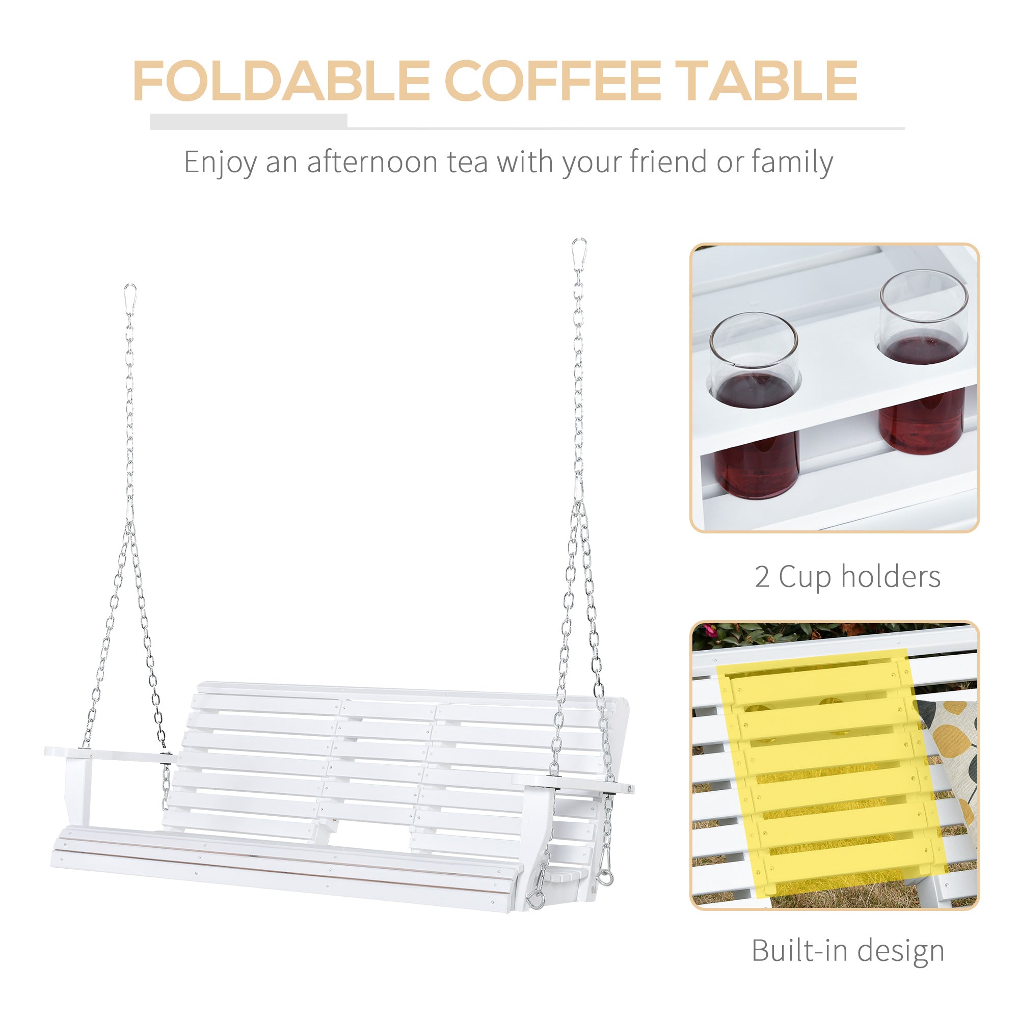 Outsunny 2 to 3 Seater Porch Swing Wood Patio Swing Chair Swing Bench with Foldable Table, Cup Holders, Steel Chains Garden, Patio 