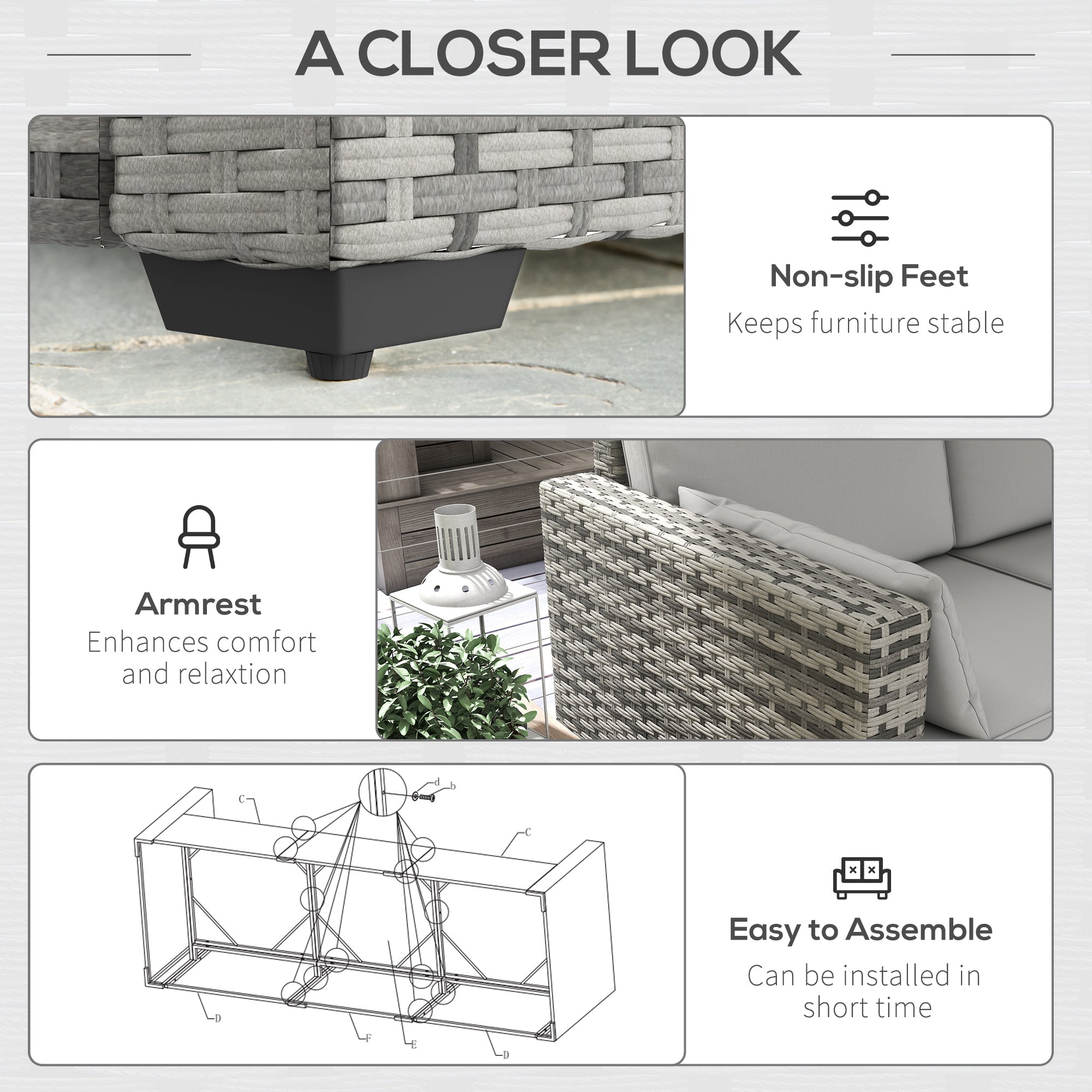 Outsunny 3-Seater Outdoor Sofa with Cushions, PE Rattan Conversation Patio Couch with Pillows for Garden, Poolside, Grey 