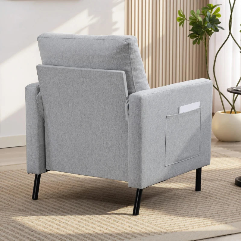 Accent Chair Modern Upholstered Armchair with Side Pockets and Cushion for Bedroom, Living Room, Light Grey