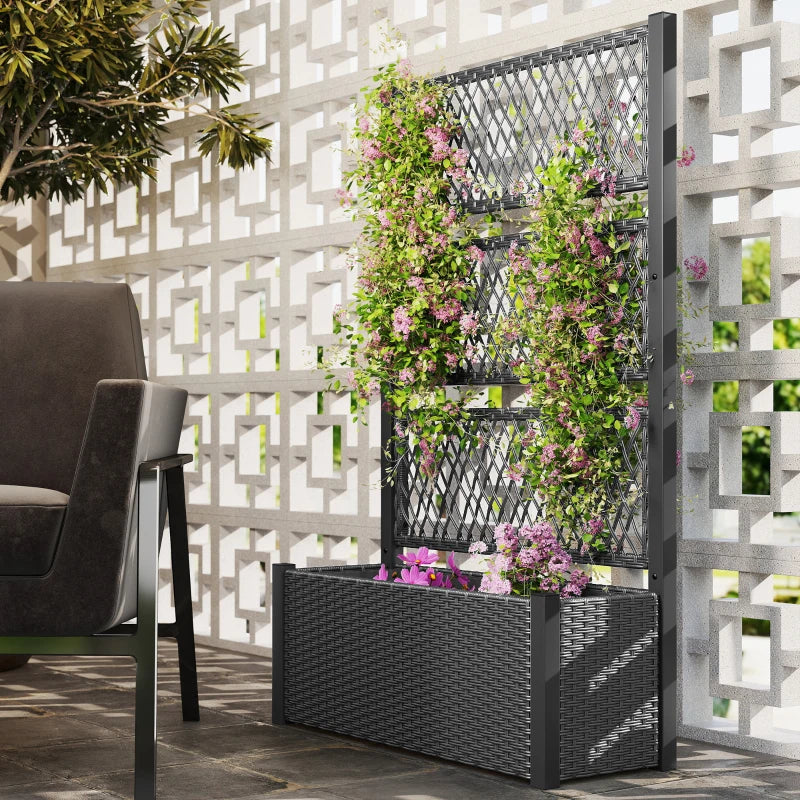 Wicker Outdoor Planter with Trellis, 58" Standing Garden Bed with Liner, Drainage Holes for Climbing Plants, Dark Grey