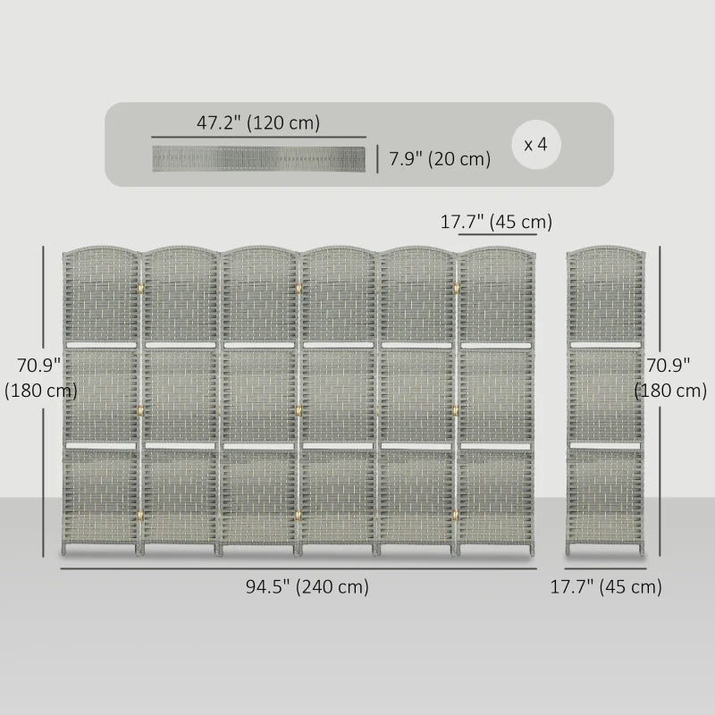 6 FT Privacy Screen, 6 Panel Room Divider with Shelves for Living Room Bedroom Home Office, Grey