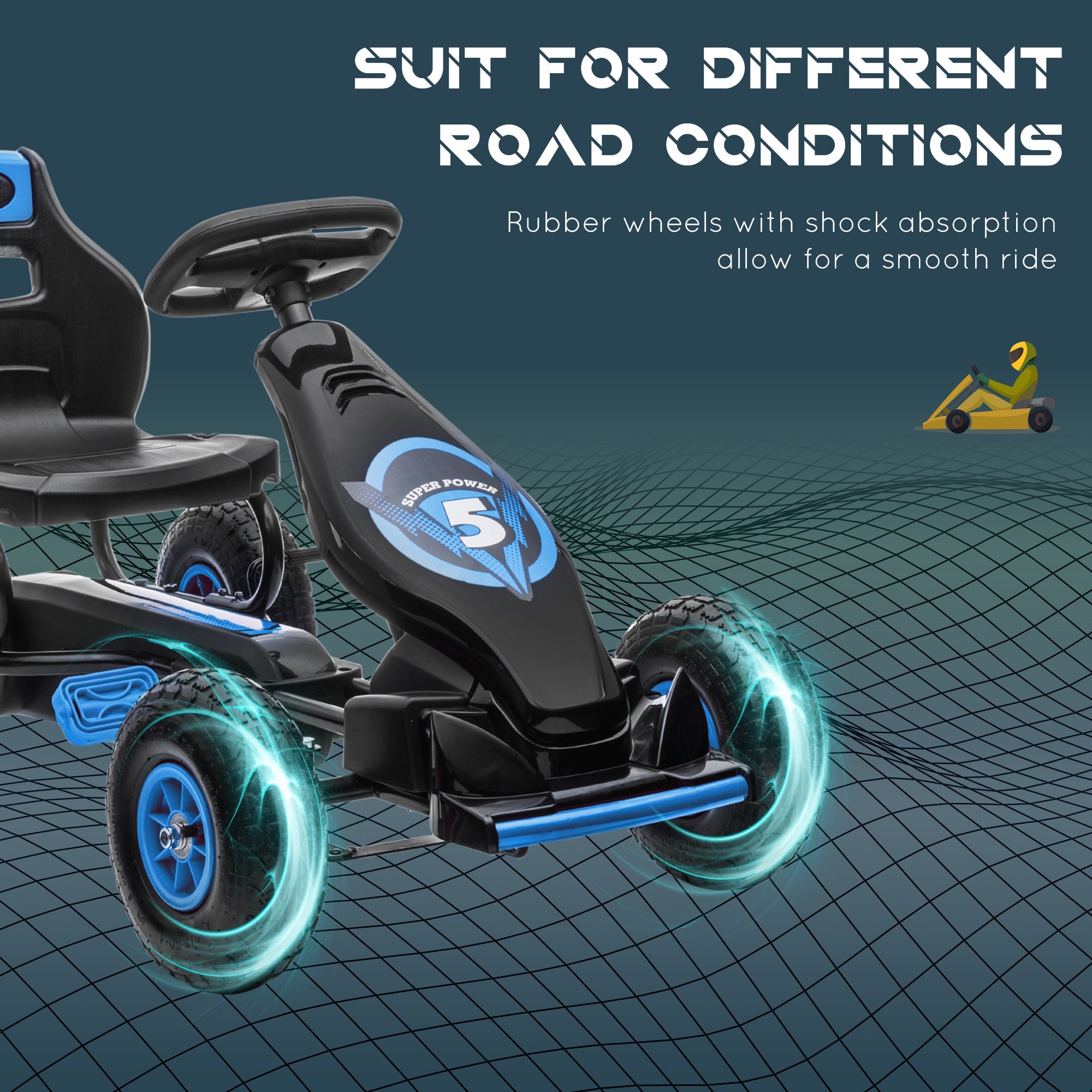 Aosom Kids Pedal Go Kart Ergonomic Adjustable Seat Rubber Wheels Shock Absorb Safety Hand Brake Ages 5-12 Blue 
