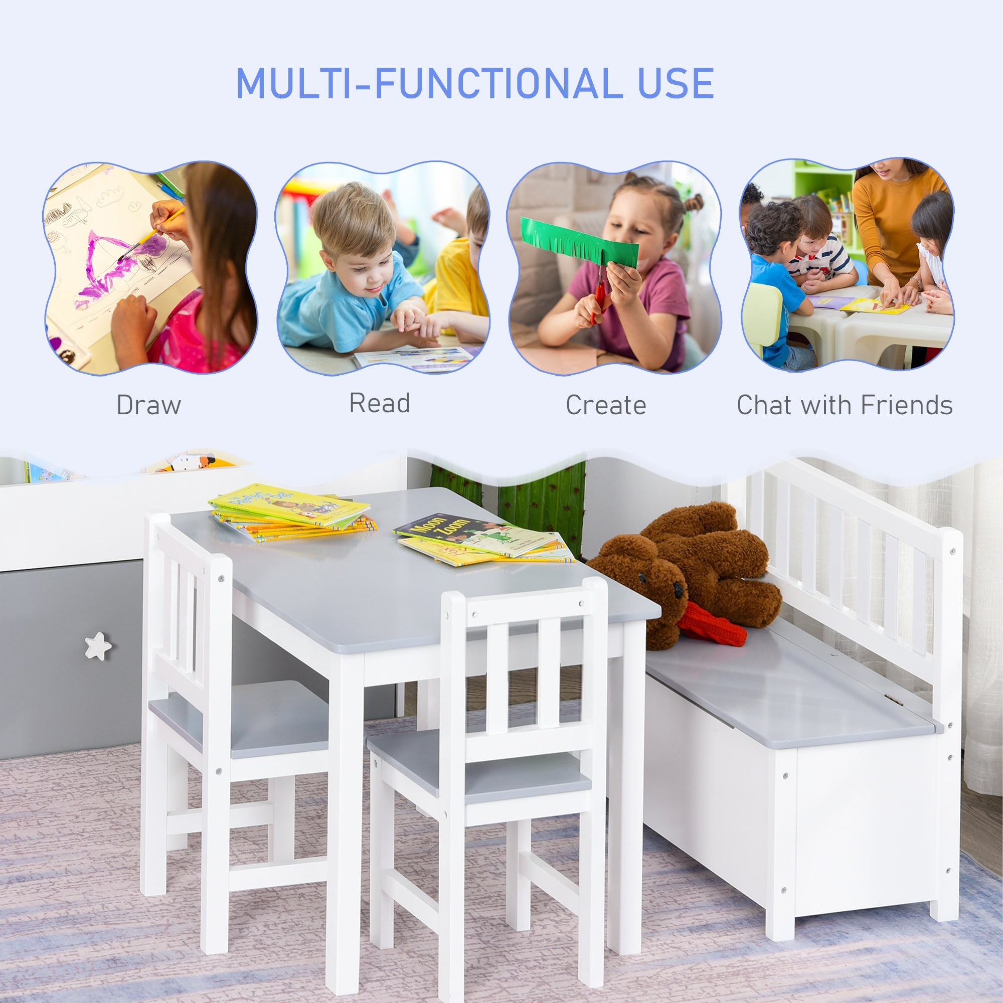 Qaba 4-Piece Kids Table Chair Bench Set: With Storage, Easy Clean, Grey/White for Boys & Girls 