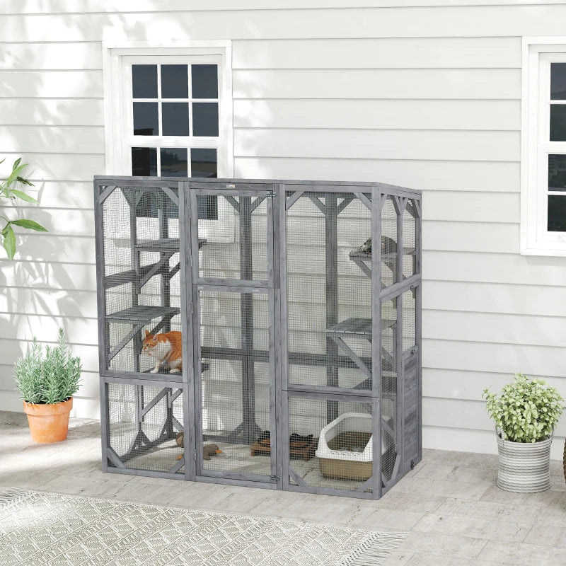 Outdoor Cat Enclosure with 6 Jumping Platforms, Weatherproof Roof, Large Front Door for 1-3 Cats, 59" x 28" x 60", Grey