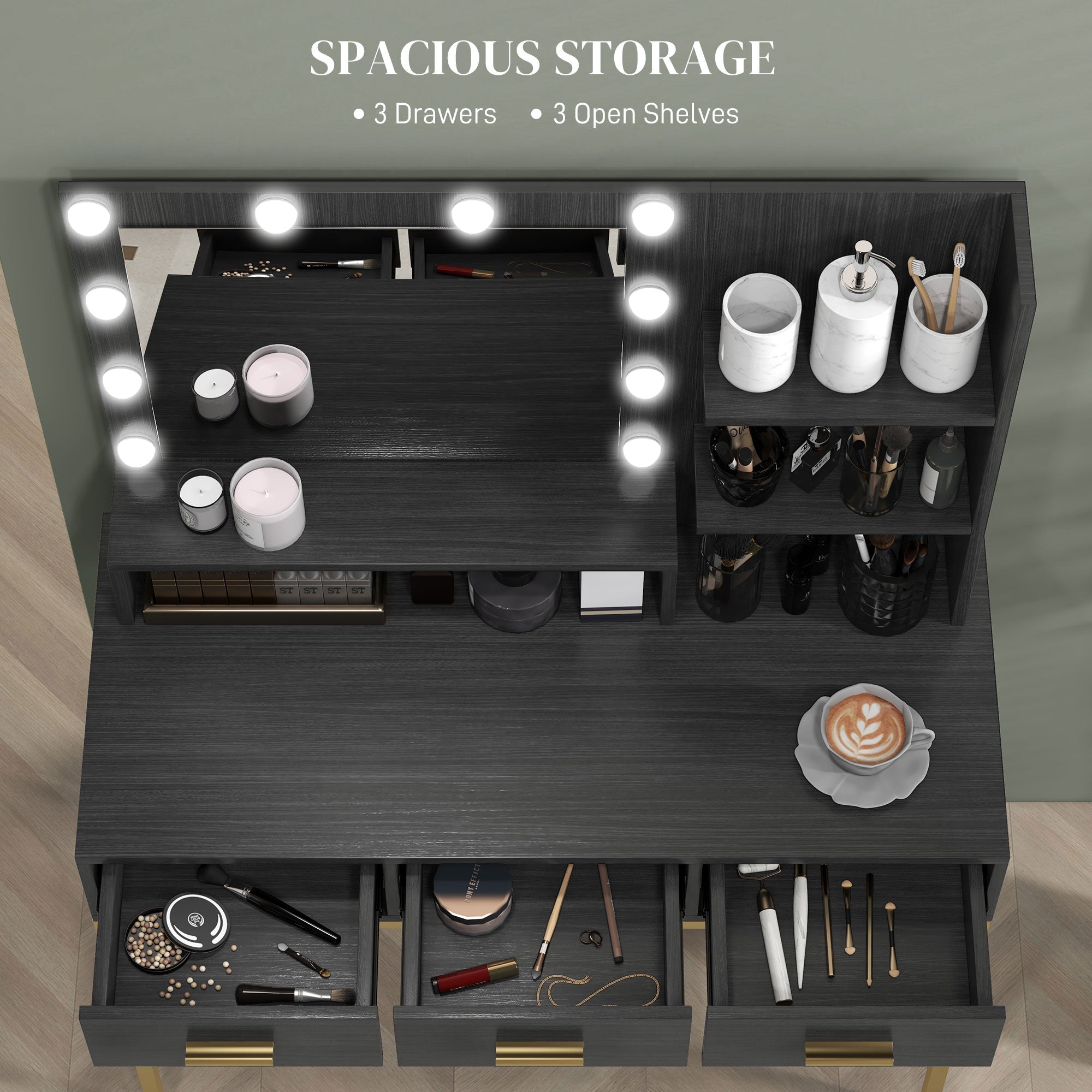 HOMCOM Illuminated Dressing Table, LED Vanity Table with Mirror, 3 Drawers and Storage Shelves for Bedroom, Black 