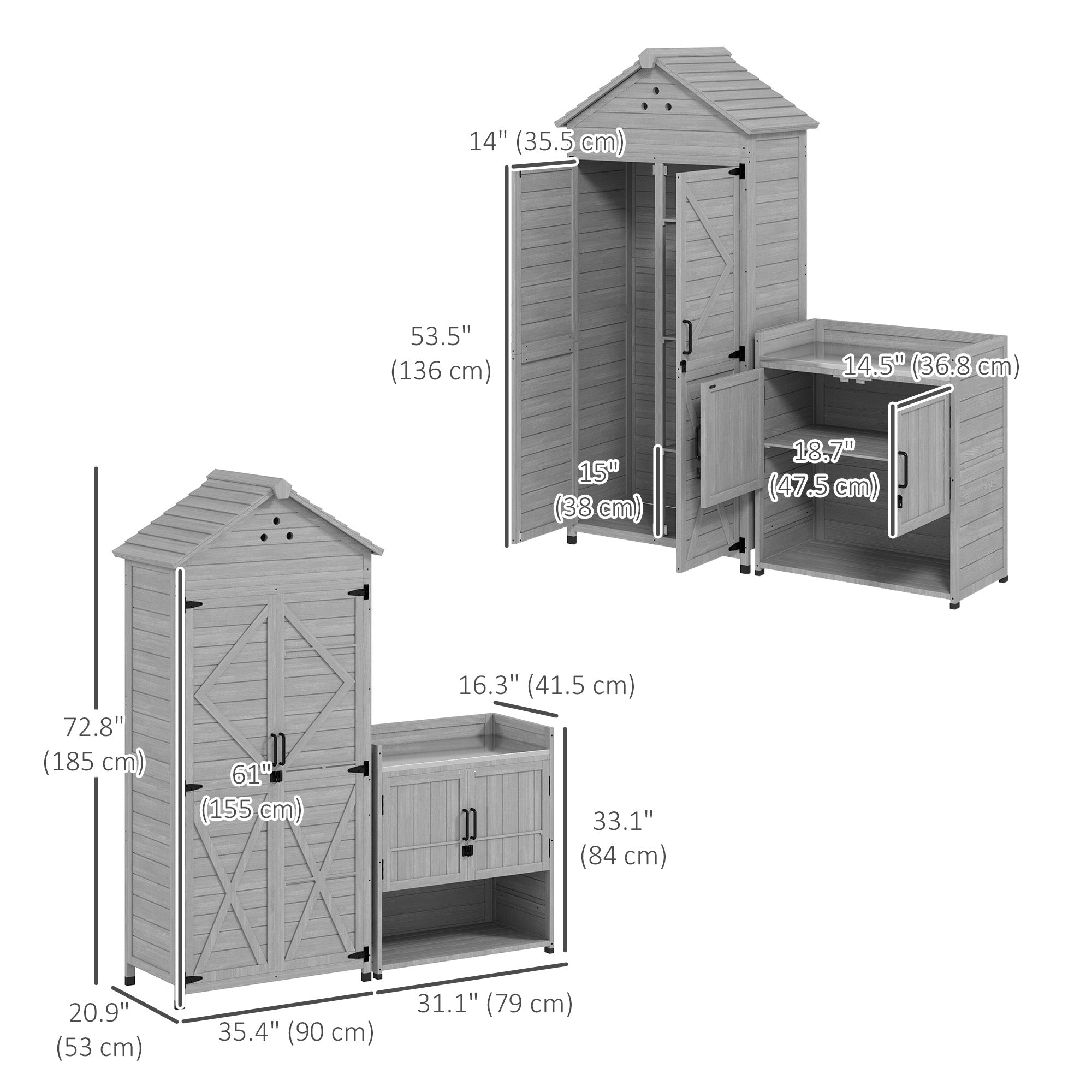 Outsunny 2-in-1 Outdoor Storage Cabinet, Wood Garden Shed with Shelves, Vent Holes, Foot Caps for Backyard, Patio, Lawn 
