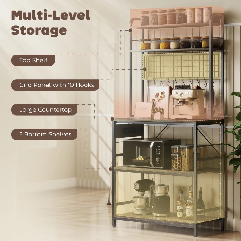 Kitchen Baker's Rack with Power Outlet and LED Light, 5-Tier Coffee Bar Station with 10 Hooks, Grey