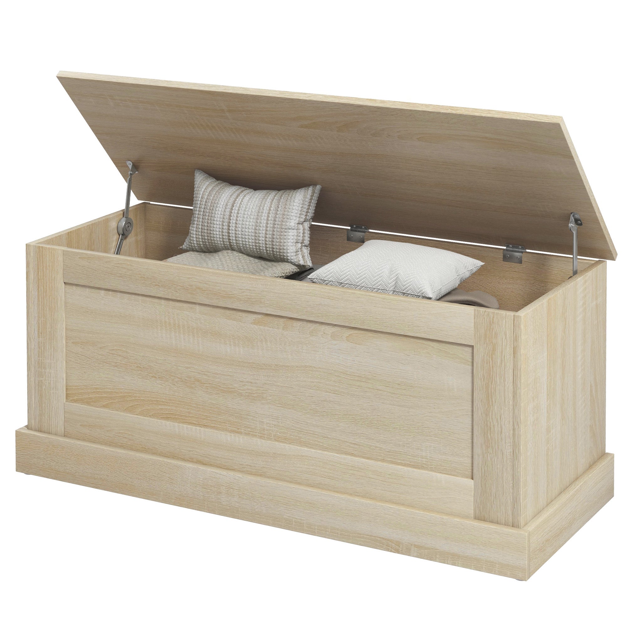 HOMCOM 39.4 Inches Storage Chest, Storage Trunk with Safety Hinge, Wooden Toy Box for Living Room, Natural Wood Grain 