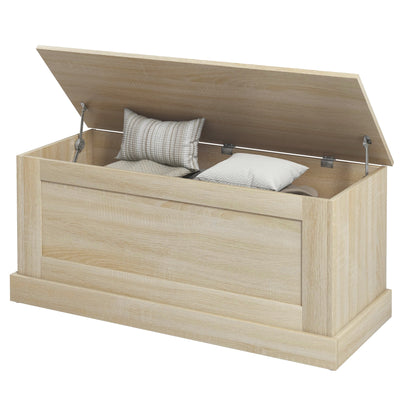 HOMCOM 39.4 Inches Storage Chest, Storage Trunk with Safety Hinge, Wooden Toy Box for Living Room, Natural Wood Grain 