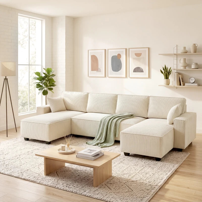 HOMCOM Modern U-Shaped Modular Sectional Sofa with Dual Chaise Lounges, Pocket Spring Cushions & Throw Pillows – Beige