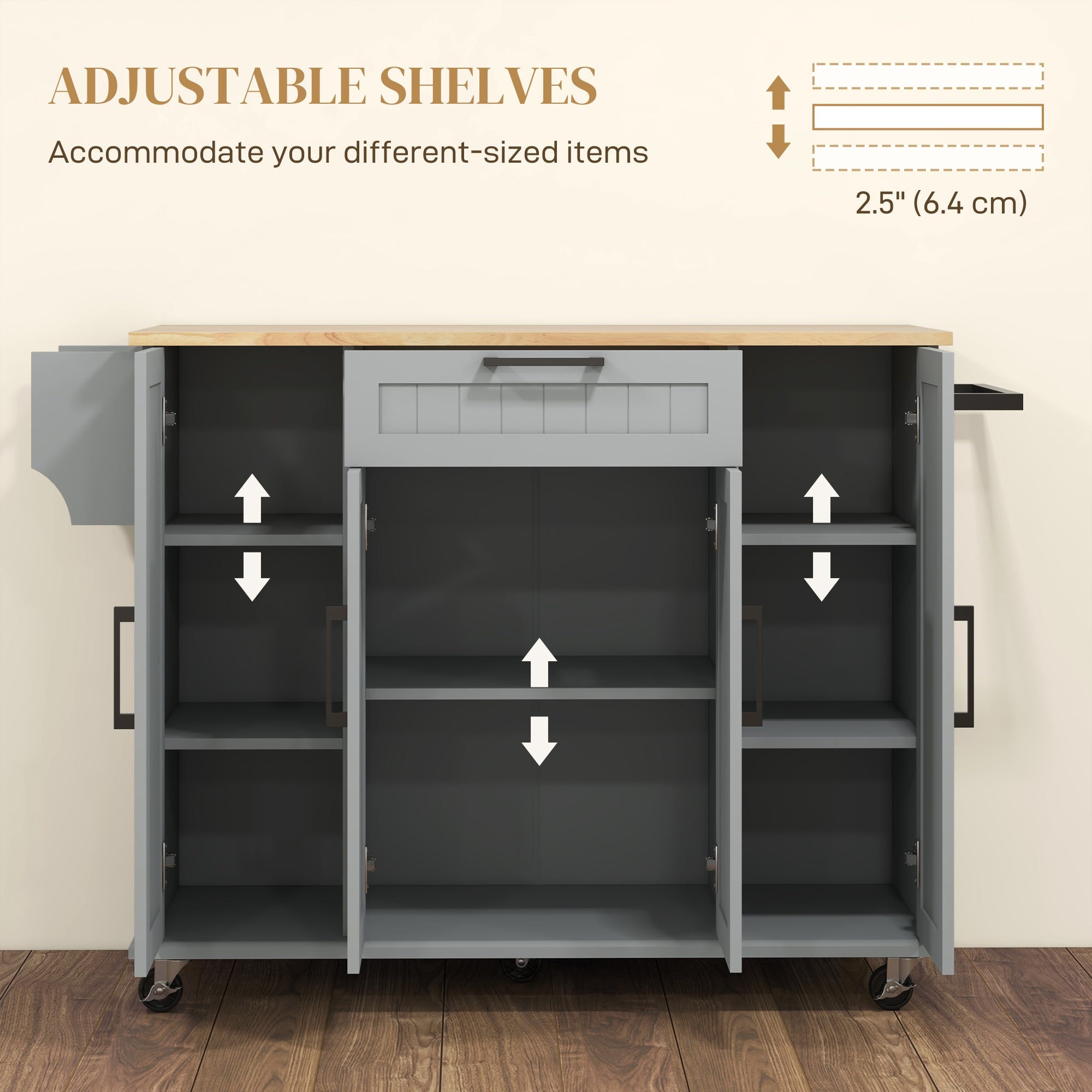 HOMCOM Modern Rolling Kitchen Island Cart with Drawers, Natural Wood Top, Towel Rack, Door Storage Cabinet, Grey 