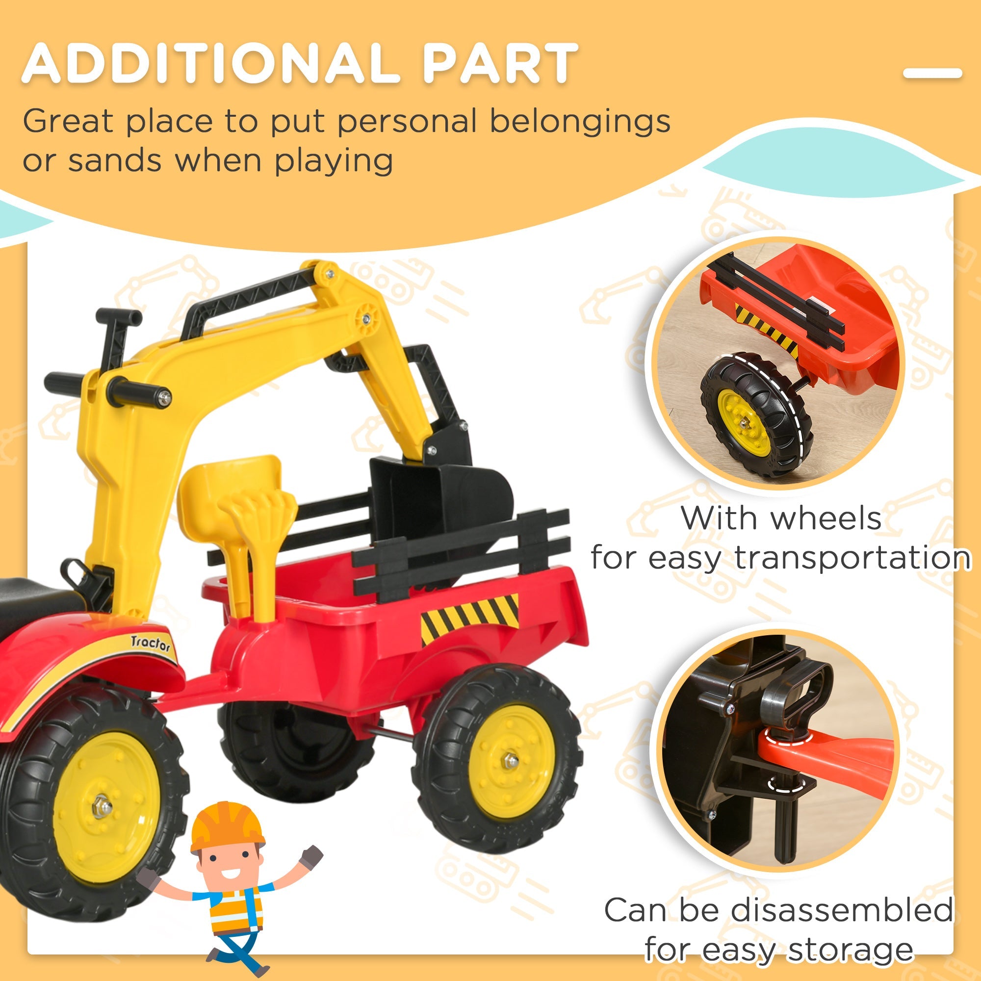 Aosom 3 in1 Kids Ride On Bulldozer/Excavator Toy with 6 Wheels, Controllable Cargo Trailer & Easy Pedal Controls 