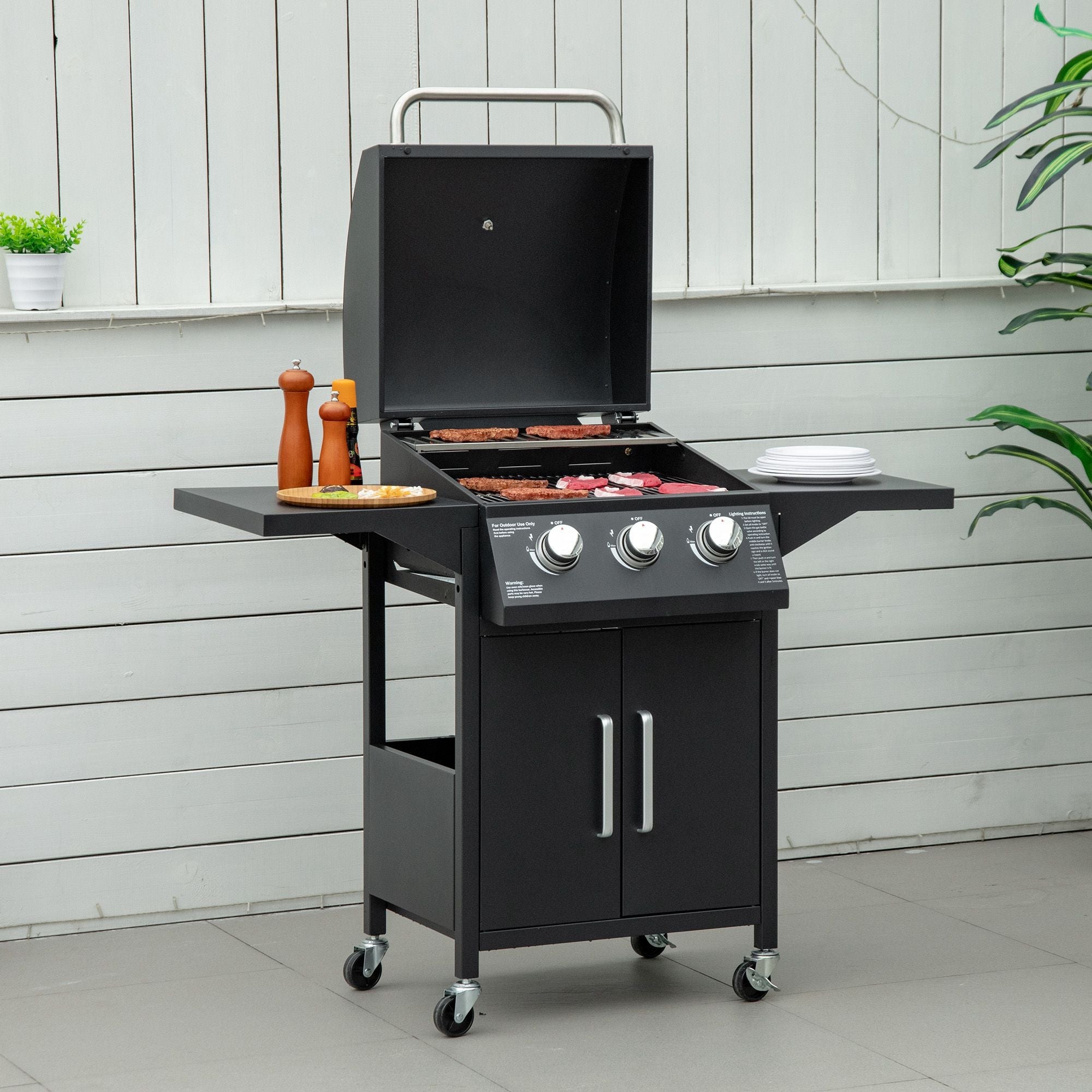 Outsunny Outdoor 3 Burner Gas Grill Portable Barbecue w/ Wheels, Warming Rack, Shelves, Cabinet, Thermometer, Black 