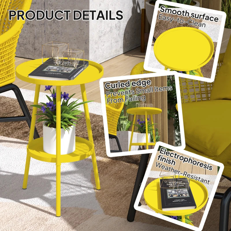 Round Garden Table, 2-Tier Small Side Table, Metal Patio Table Coffee Table Dining Table, Yellow