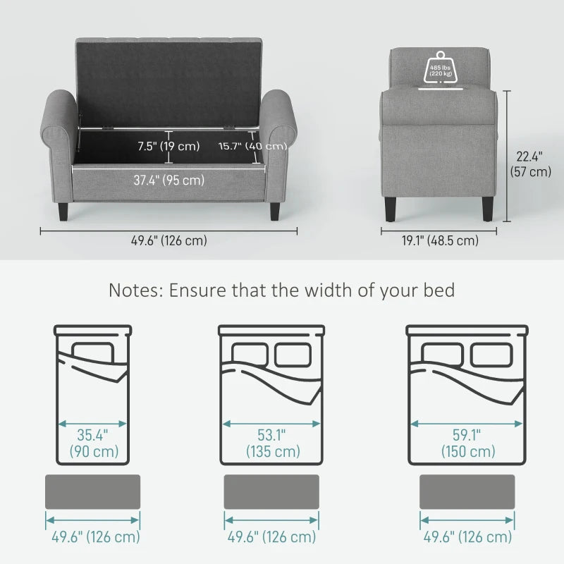 50 Inches Storage Ottoman, Upholstered Bedroom Bench with Rolled Arms and Button Tufted Storage, Light Grey