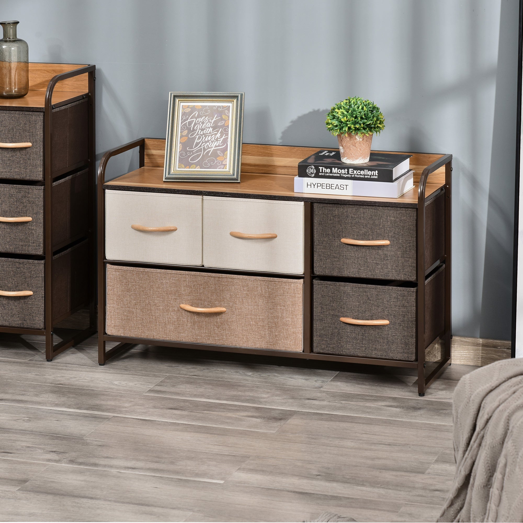 HOMCOM 5-Bin Dresser Storage Tower Cabinet Organizer Unit Easy Pull Fabric Bins Metal Frame Bedroom 