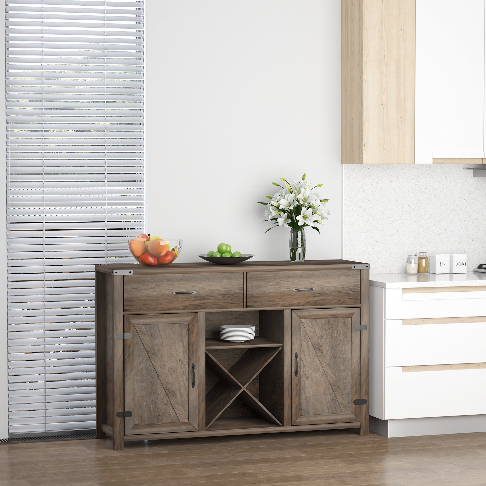 HOMCOM Farmhouse Wine Rack Storage Cabinet: Bar Cabinet, Sideboards and Buffets with Doors and Drawer for Dining Room 