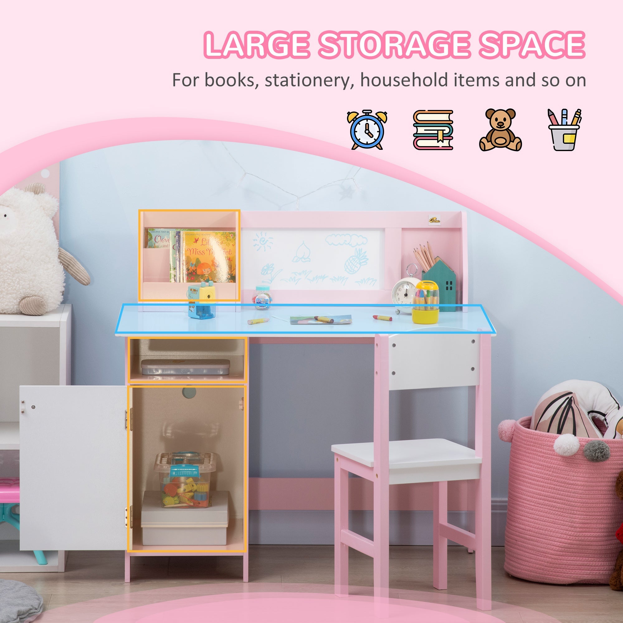 Qaba Kids Table Chair Set with Whiteboard 2 Pieces Toddler Multi-usage Furniture Ideal for Arts 