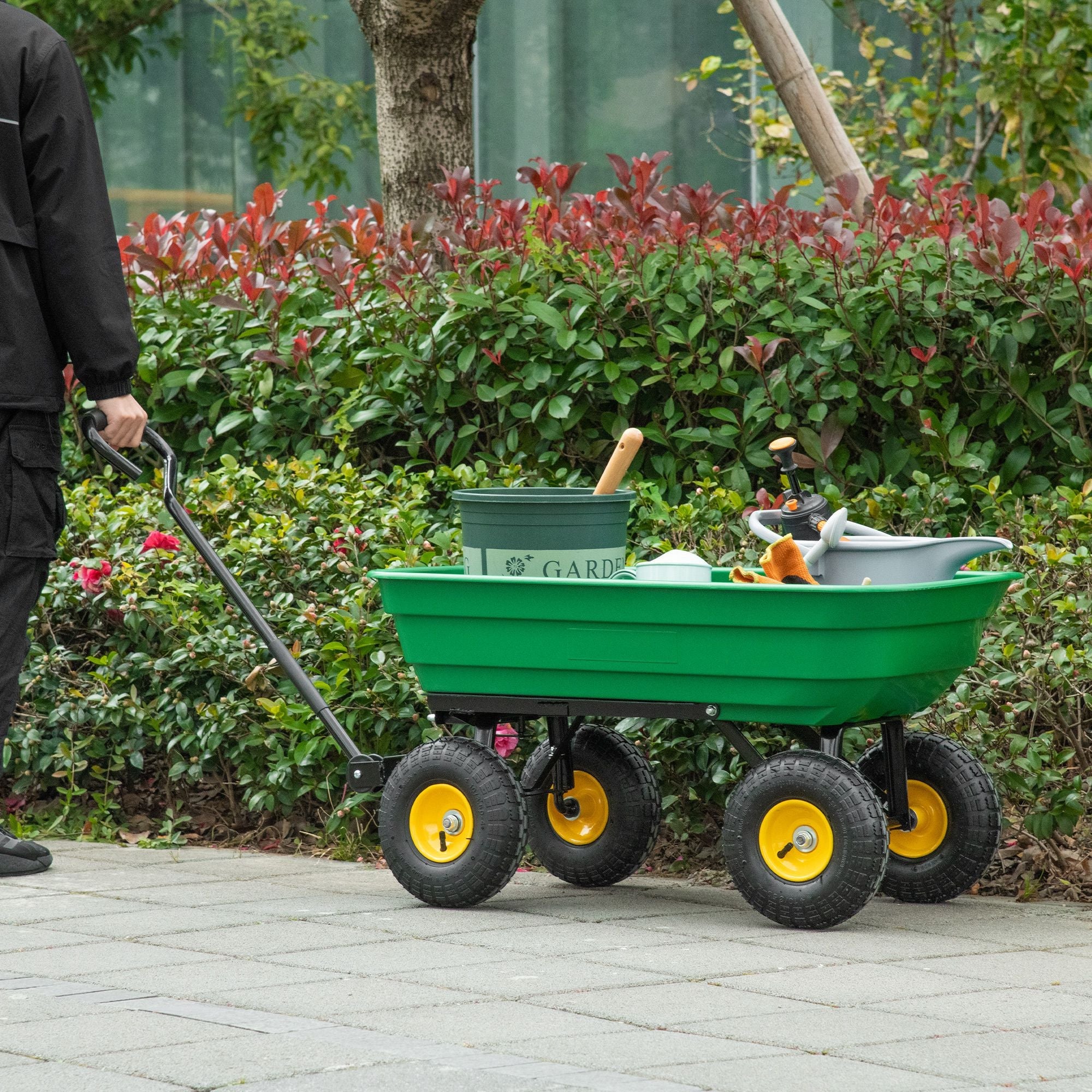 Outsunny Garden Dump Cart Heavy Duty 440lbs Garden Wagon with Steel Frame, Pneumatic Tires, Green 