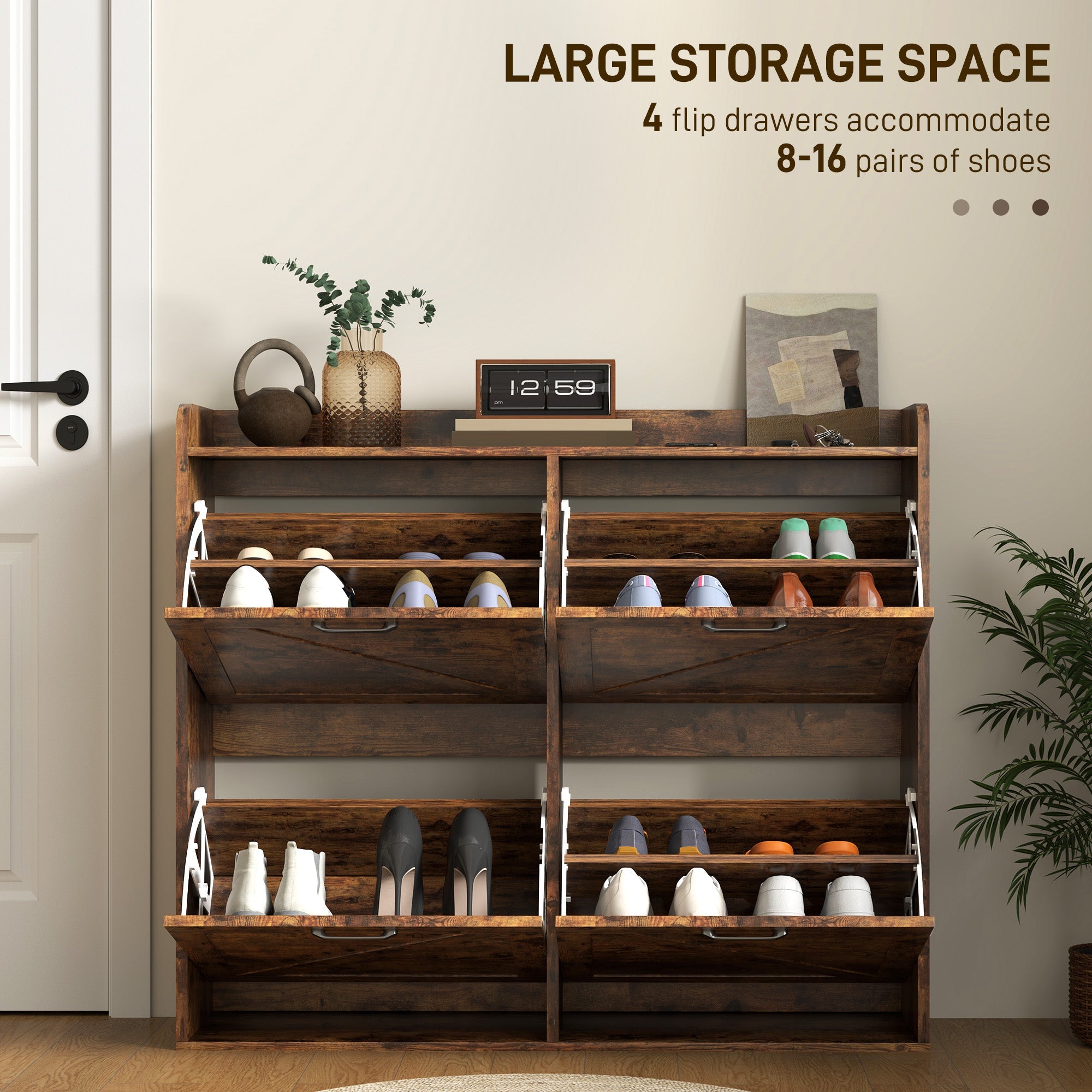 HOMCOM Narrow Shoe Storage Cabinet with 4 Flip Drawers, Adjustable Shelves, 16 Pair Farmhouse Shoe Cabinet, Rustic Brown 