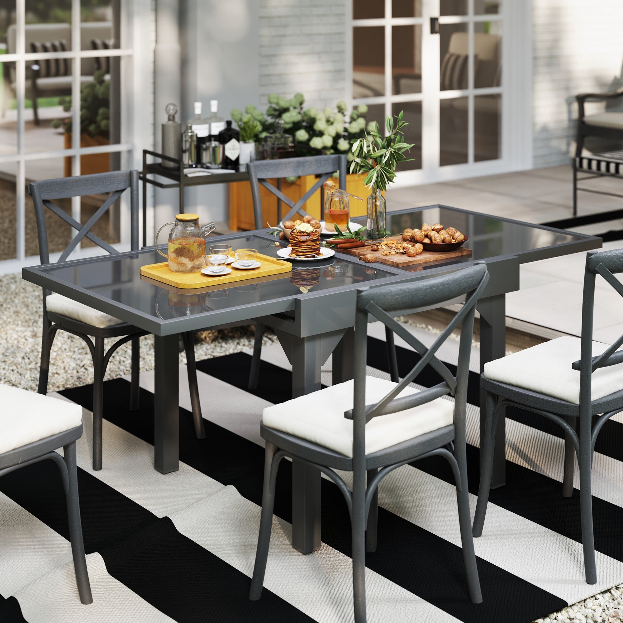 Outsunny 35"-71" Expandable Outdoor Table with Tempered Glass Top, Metal Frame, for 4-6 Person, for Lawn, Garden, Backyard 