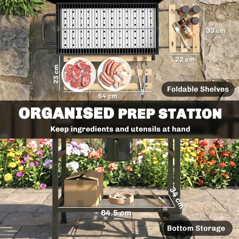 Charcoal BBQ Grill with Foldable Shelves, Barbecue Grill with Warming Rack, Thermometer, Wheels, Natural Wood and Black
