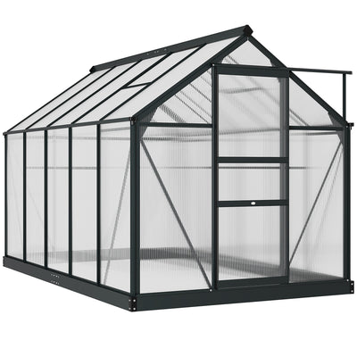 Outsunny 6' x 10' x 6.6' Polycarbonate Greenhouse, Walk-In Green House Kit Garden, Plants Grow, Galvanized Sheet Aluminum Frame with Rain Gutter, Vents and Sliding Door, Grey 