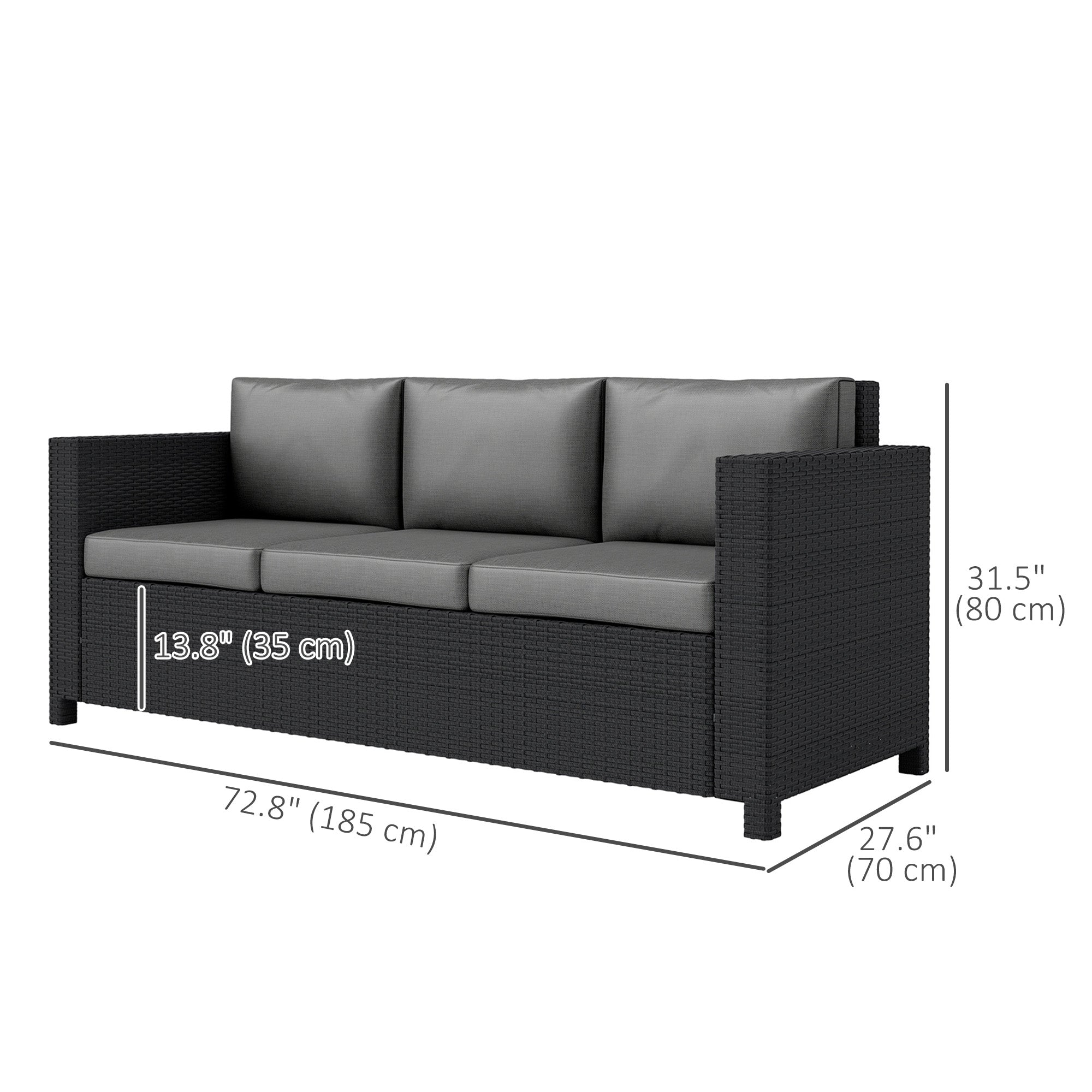 Outsunny Deluxe 3 Seat Rattan Wicker Sofa Garden Outdoor Patio Furniture with Cushion, Grey 