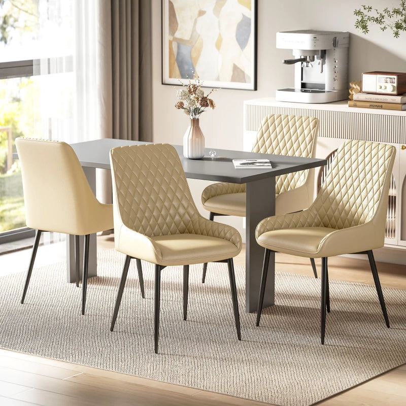 Upholstered Kitchen Chairs, Modern Dining Chairs Set of 4 with Diamond Tufting and Steel Legs for Dining Room, Khaki