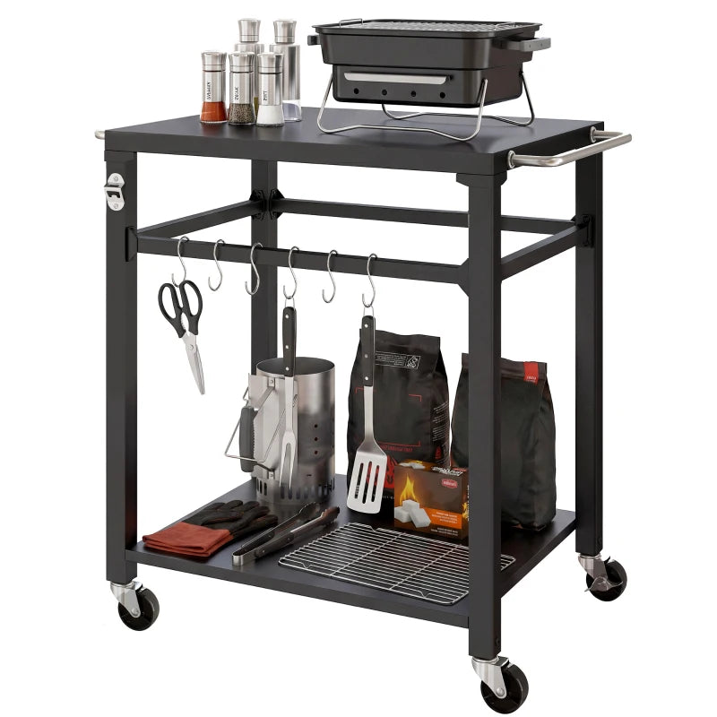 Outdoor Grill Cart, Pizza Oven Stand with Steel Top, 2-Tier Kitchen Prep Station with Hooks, Handle, Wheels, Black