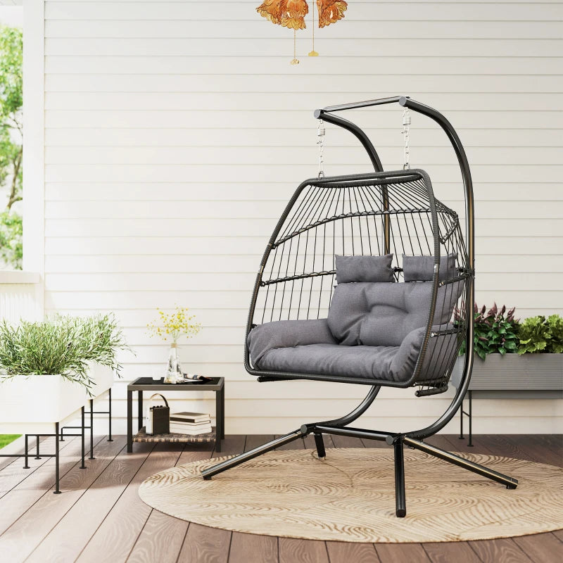 Double Wicker Egg Swing Chair with Stand, Foldable Hanging Egg Chair with UV Resistant Cushion, Headrest, Dark Grey